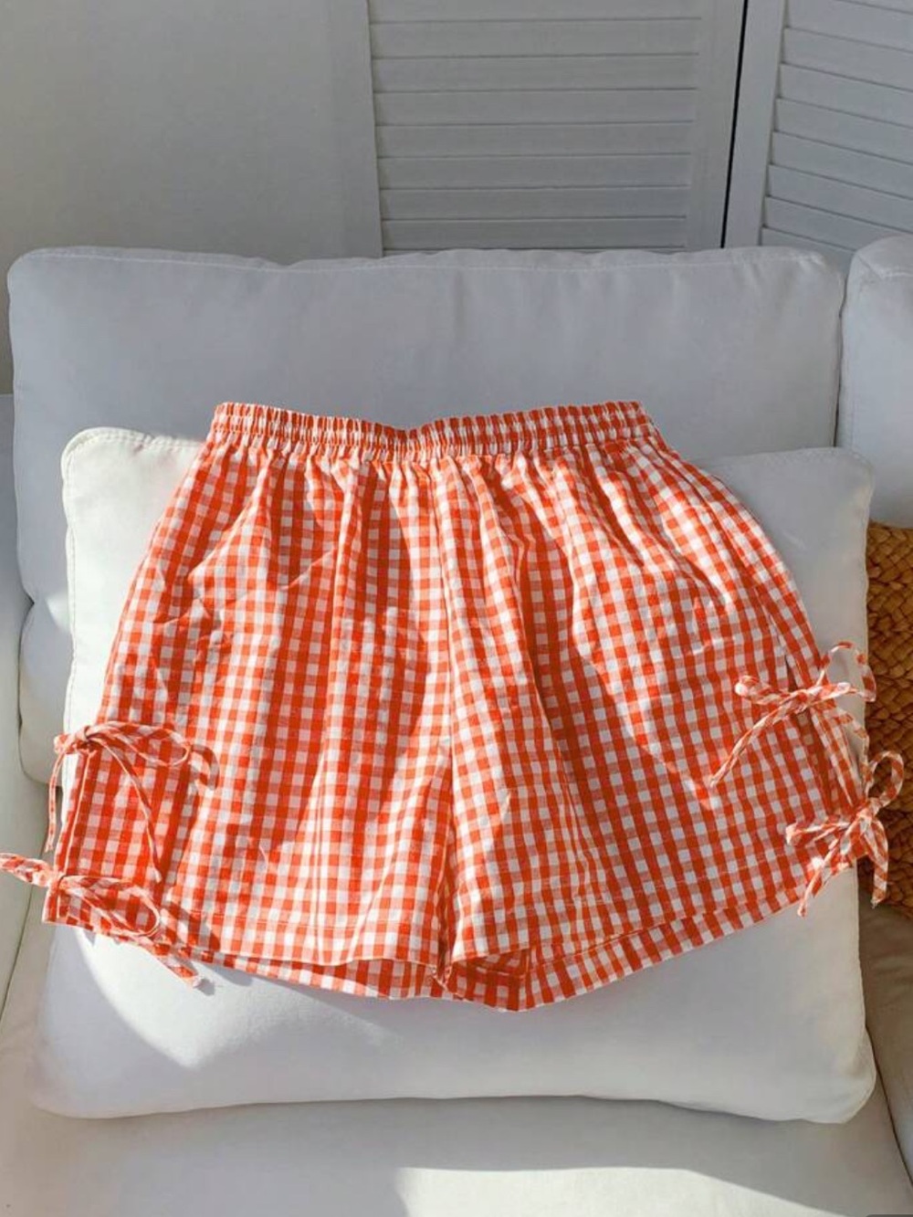 H&M Orange Gingham Tie-Side High-Waist Shorts